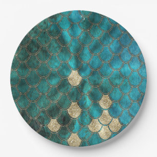 Aqua green Mermaidscales with gold glitter Paper Plates
