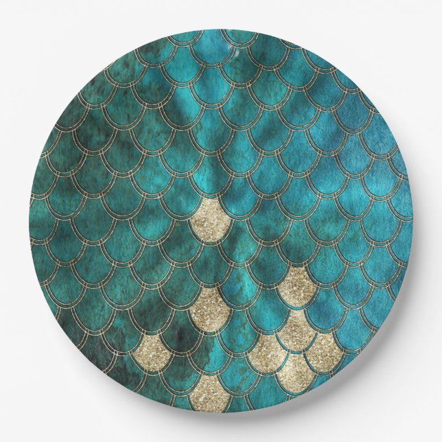 Aqua green Mermaidscales with gold glitter Paper Plates (Front)