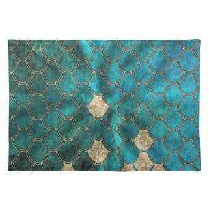 Aqua green Mermaidscales with gold glitter Placemat