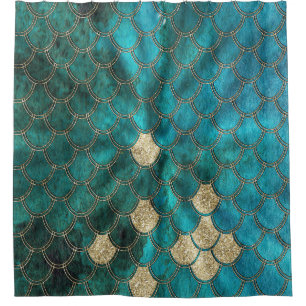 Aqua green Mermaidscales with gold glitter Shower Curtain