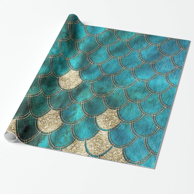 Aqua green Mermaidscales with gold glitter Wrapping Paper (Unrolled)