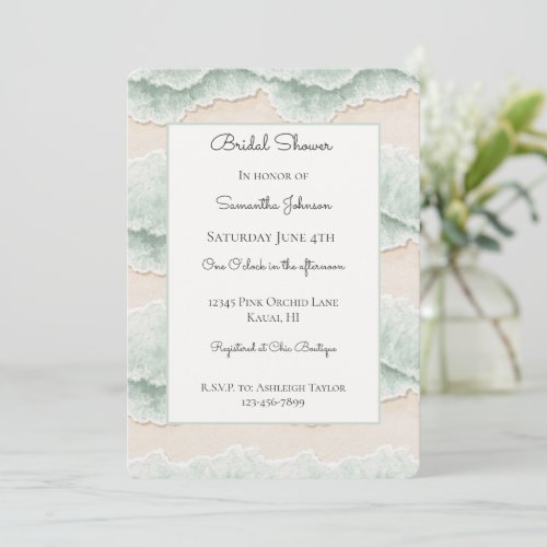 Aqua Green Ocean Waves Sand Beach Bridal Shower Invitation
