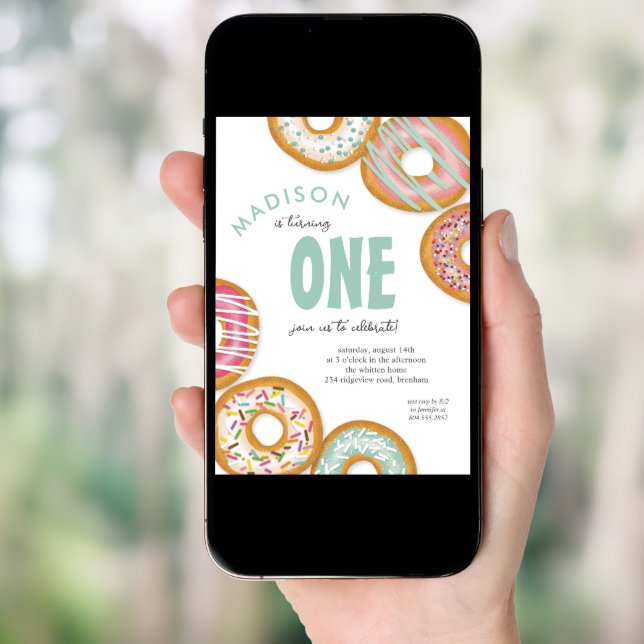 Aqua Green One Donut First Birthday Party Invitation (Front Digital)