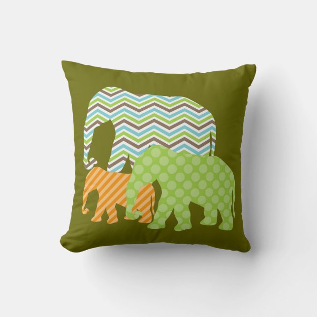 Aqua, Green, Orange  Elephants Throw Pillow (Front)