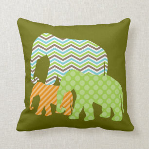 Aqua, Green, Orange  Elephants Throw Pillow