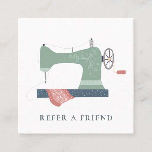 Customizable AQUA GREEN PEACH PINK SEWING MACHINE REFER FRIEND SQUARE BUSINESS CARD