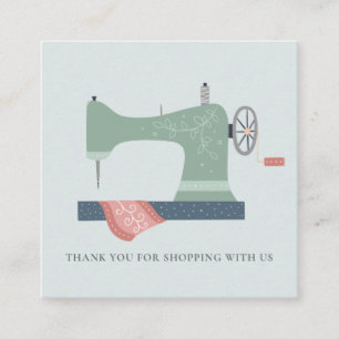 AQUA GREEN PEACH SEWING MACHINE THANK YOU SHOPPING SQUARE BUSINESS CARD