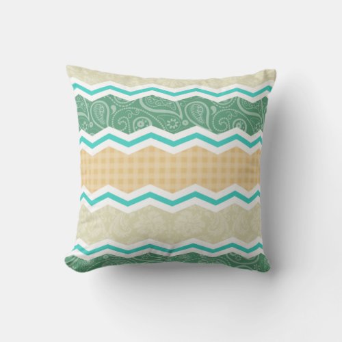 Aqua Green Peach  Tan Country Patterns Throw Pillow