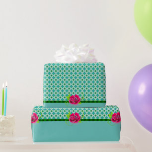 Aqua & Green Polka Dot Pink Rose with Solid Band Wrapping Paper
