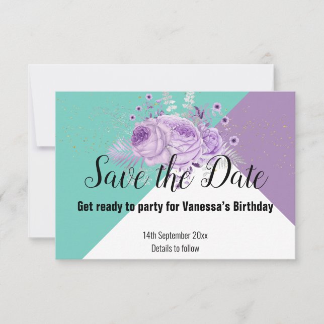 AQUA GREEN PURPLE LILAC FLORAL SAVE THE DATE RSVP CARD (Front)