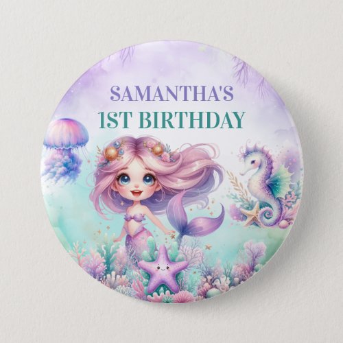 Aqua Green purple Little Mermaid 1st Birthday girl Button