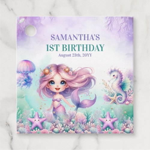 Aqua Green purple Little Mermaid 1st Birthday girl Favor Tags