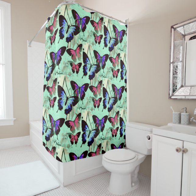 Aqua Green Realm of Morpho Rainbow Butterlies art Shower Curtain (In Situ)