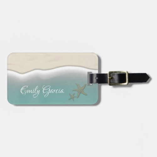 Aqua Green Sea Water Starfish Sand Trendy Coastal Luggage Tag