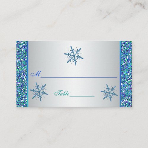 Aqua Green Silver Snowflakes Quinceanera Placecard Business Card