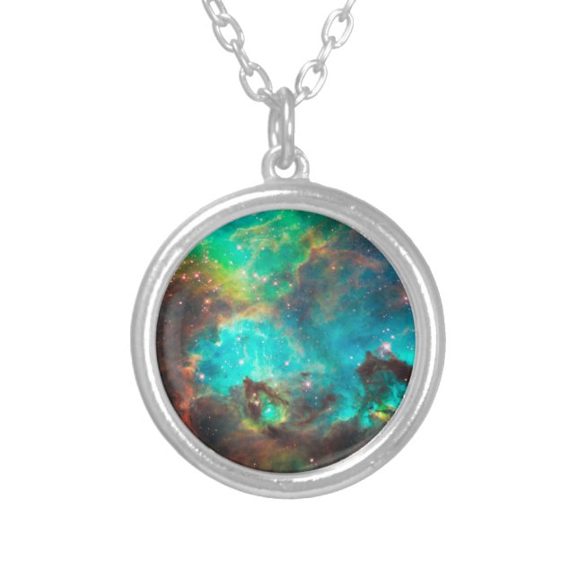 Aqua Green Star Cluster Celestial Photo Silver Plated Necklace (Front)