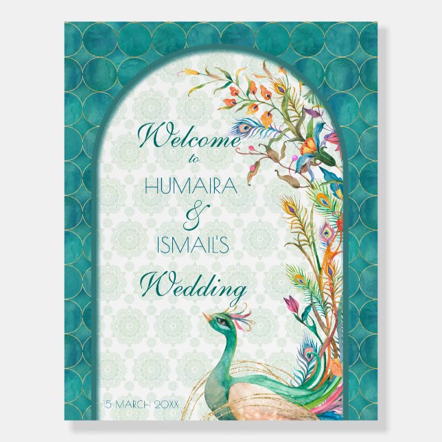 Aqua green teal Arabian floral peacock welcome Foam Board (Front)