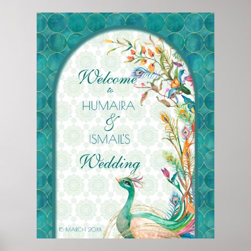 Aqua green teal Arabian floral peacock welcome Poster