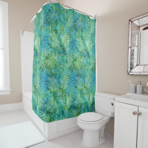 Aqua Green Tropical Hawaii Leaves Watercolor Shower Curtain