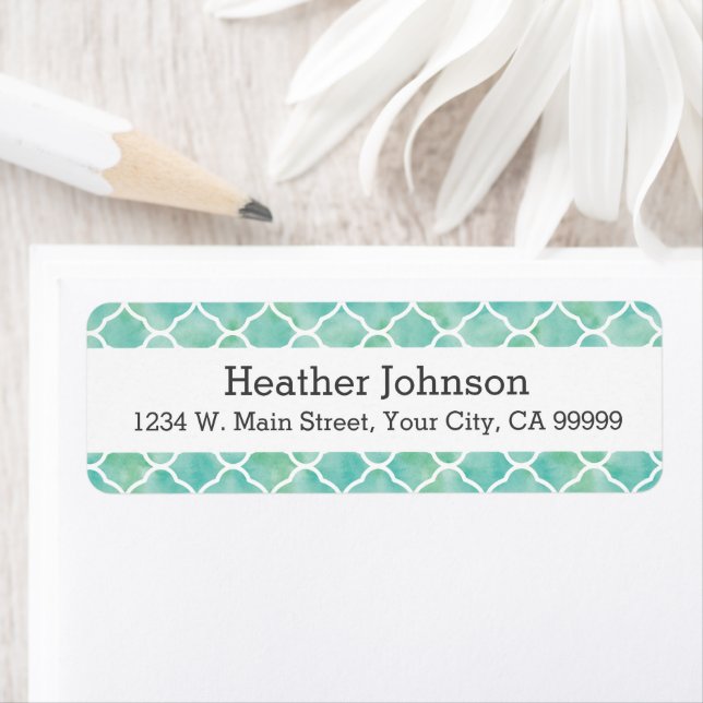 Aqua Green Watercolor Quatrefoil Pattern Label (Insitu)