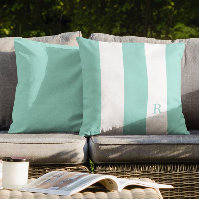 Aqua Green & White Stripes Monogram Name Outdoor Throw Pillow (Creator Uploaded)
