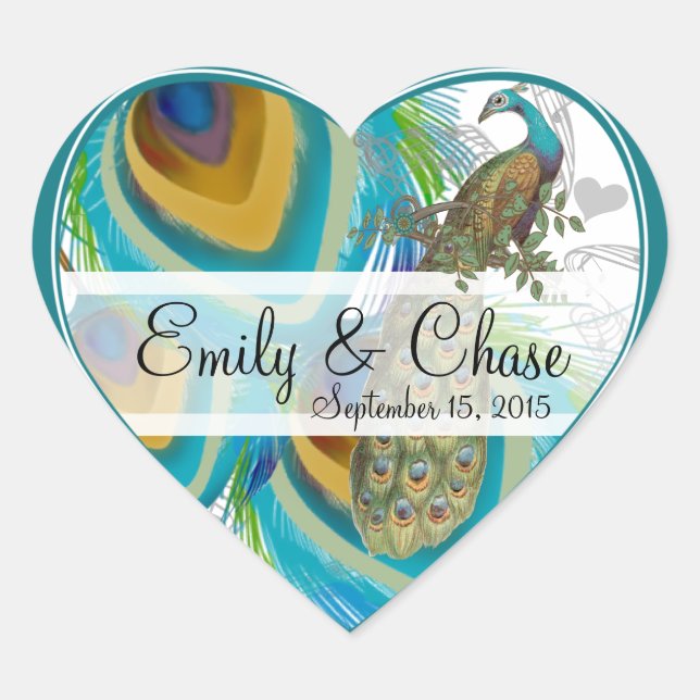 Aqua Grey 3 Peacock Feathers Wedding Sticker (Front)
