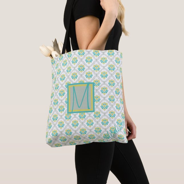 Aqua Grey and Chartreuse Pattern Trendy Monogram Tote Bag (Close Up)