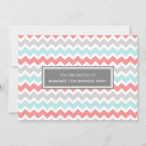 Aqua Grey Chevron 17th Birthday Party Invitation