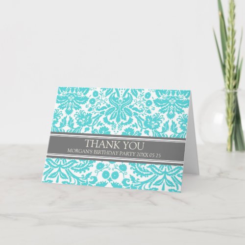 Aqua Grey Damask Birthday Party Thank You Card