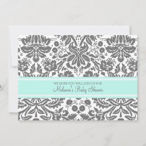 Aqua Grey Damask Custom Baby Shower Invitations