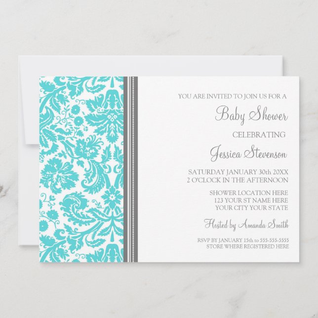Aqua Grey Damask Custom Baby Shower Invitations (Back)