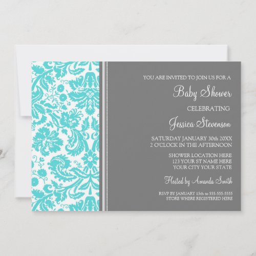 Aqua Grey Damask Custom Baby Shower Invitations