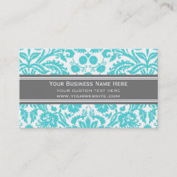 Aqua Grey Damask Floral Business Cards