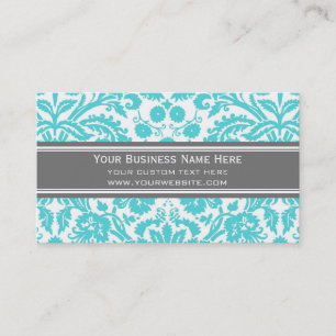 Aqua Grey Damask Floral Business Cards