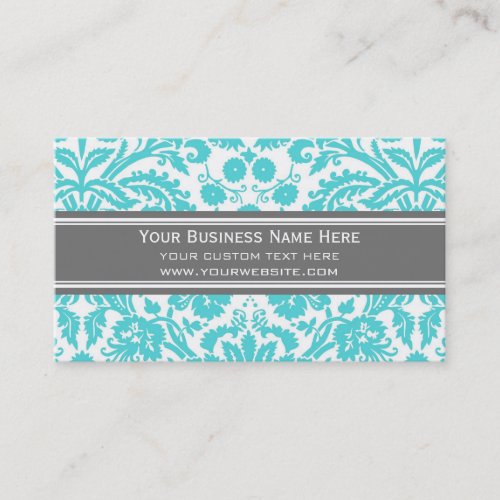 Aqua Grey Damask Floral Business Cards