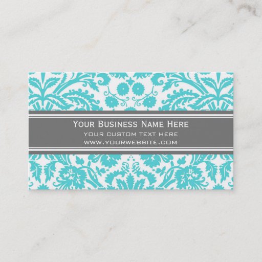 Customizable Aqua Grey Damask Floral Business Cards