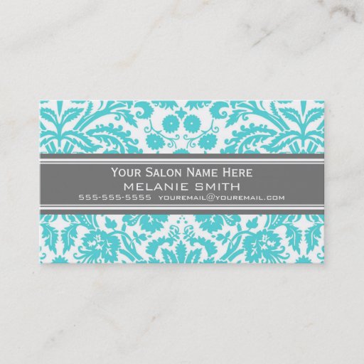 Customizable Aqua Grey Damask Salon Appointment Cards Business Card