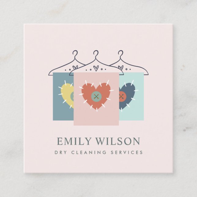 AQUA GREY ORANGE BLUSH HANGING CLOTHES DRYCLEANER SQUARE BUSINESS CARD (Front)