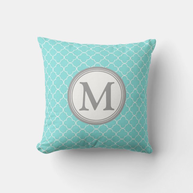 Aqua Grey Quatrefoil Monogram Decorative Pillow (Front)