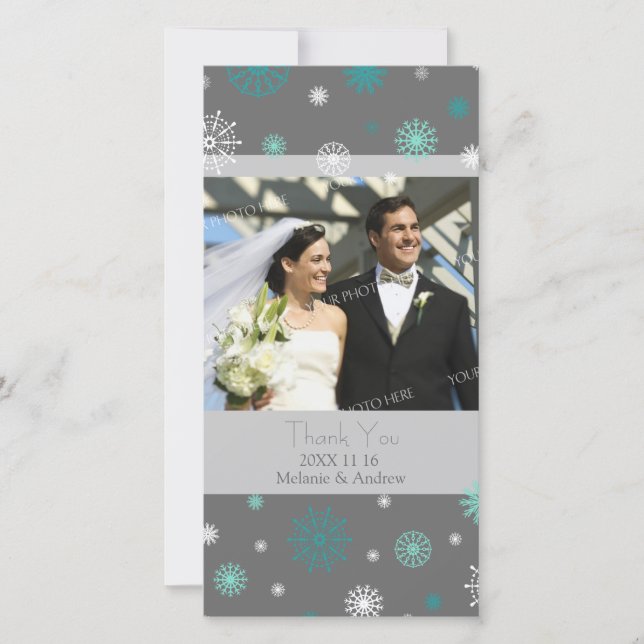 Aqua Grey Thank You Winter Wedding Photo Cards (Front)
