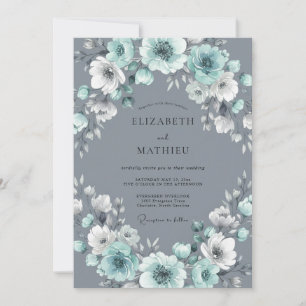 Aqua Grey Wreath Wedding Invitation