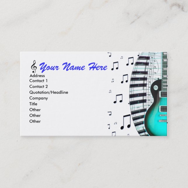 Aqua Guitar Piano Keyboard & Notes Business Card (Front)