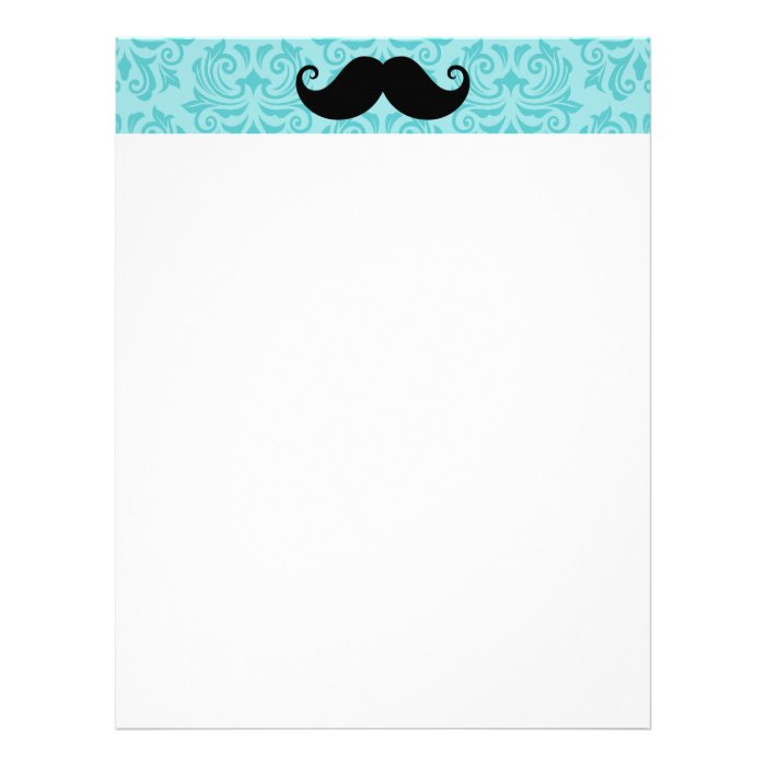 Aqua handlebar mustache on black damask pattern letterhead template