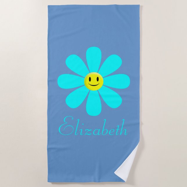 Aqua Happy Face Flower Personalized Beach Towel (Front)