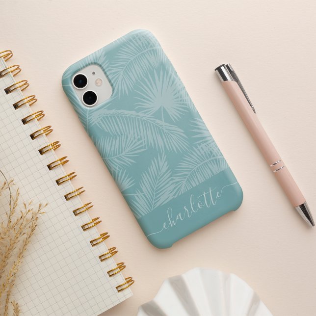 Aqua Haze Tropical Botanical Palm Leaves Pattern iPhone Case (Creator Uploaded)