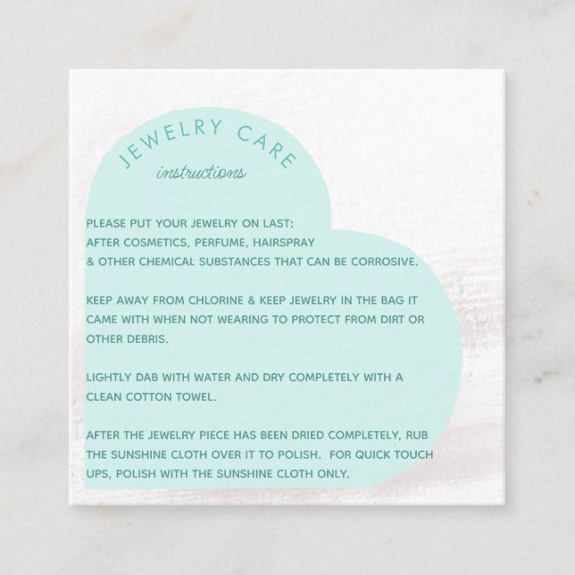 Aqua Heart Arch Jewelry Care Instruction Thanks Square Business Card (Front)