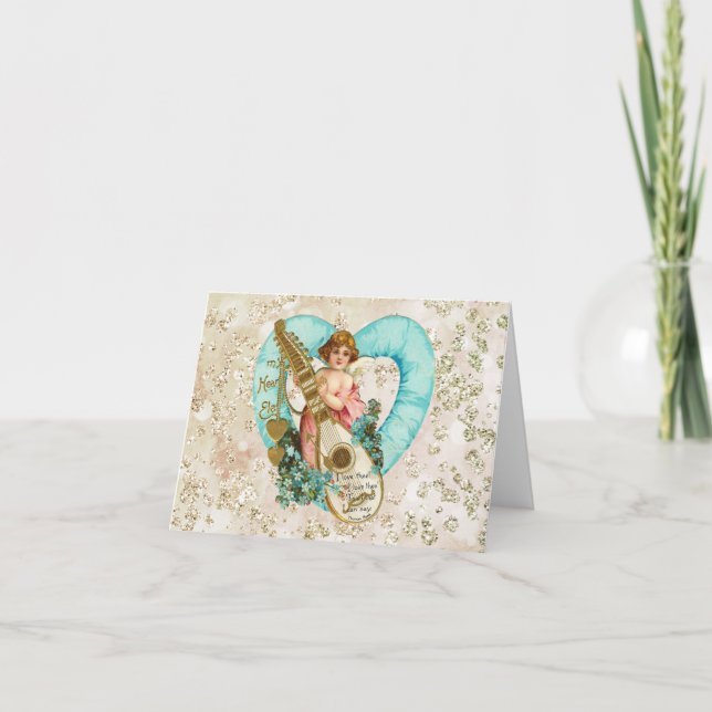 Aqua Heart Golden Cherub & Harp Bokeh Bling Holiday Card (Front)