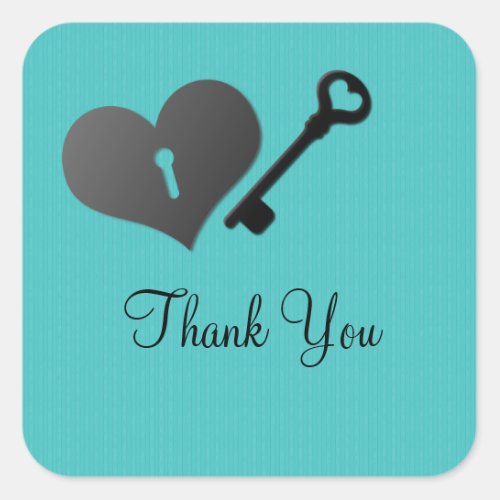 Aqua Heart Lock and Key Thank You Stickers