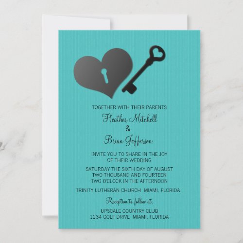 Aqua Heart Lock and Key Wedding Invite