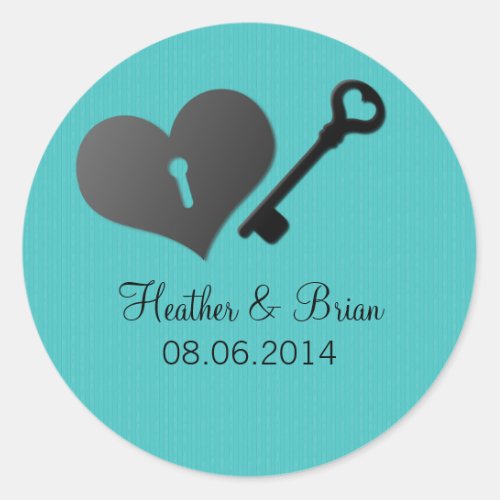 Aqua Heart Lock and Key Wedding Stickers